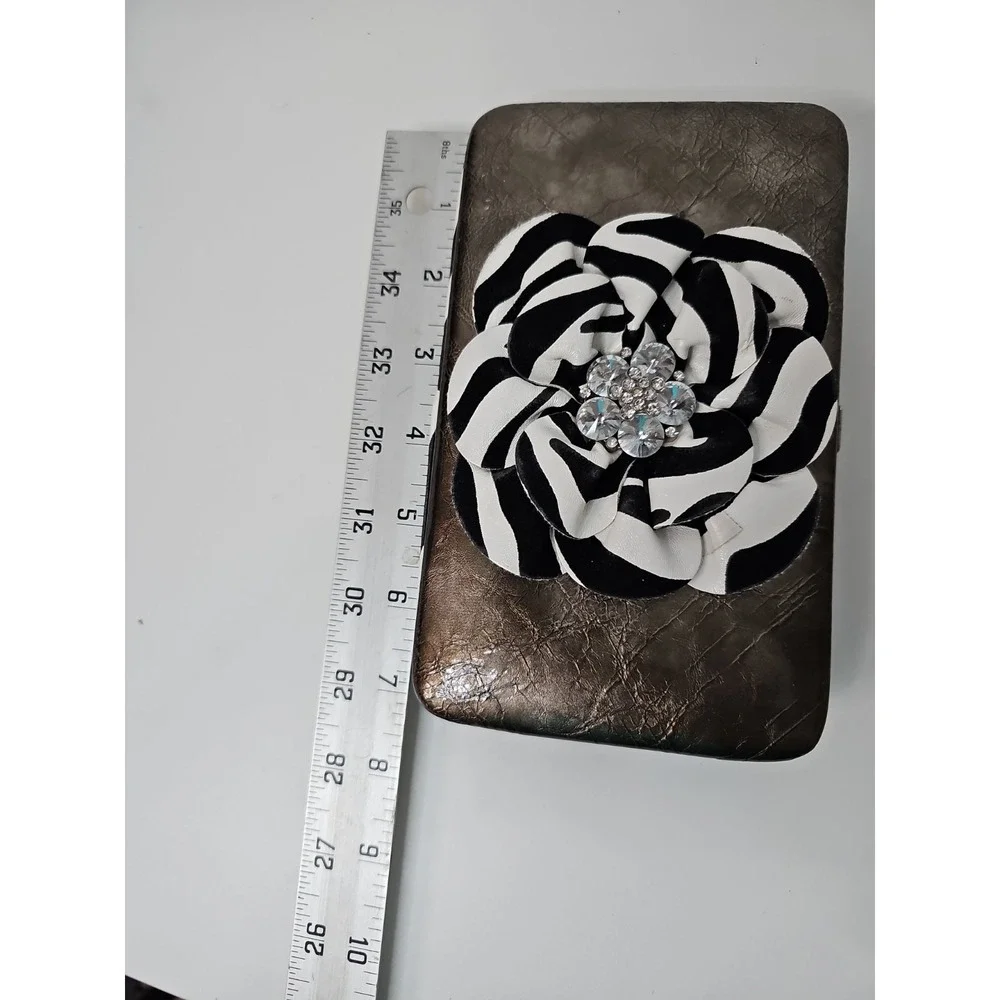 Zebra Fabric Rose Wallet Clutch Metallic Gunmetal Hardcase Checkbook Organizer